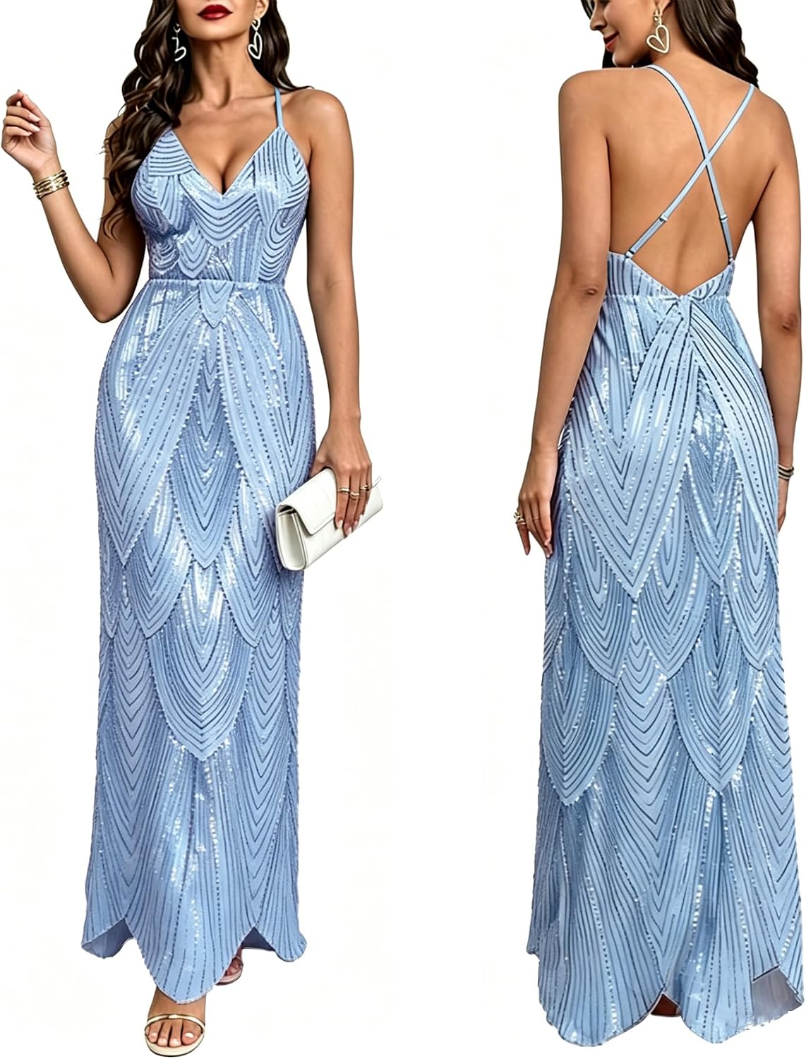 V Neck Spaghetti Straps Sequin Sparkly Glitter Irregular image 1